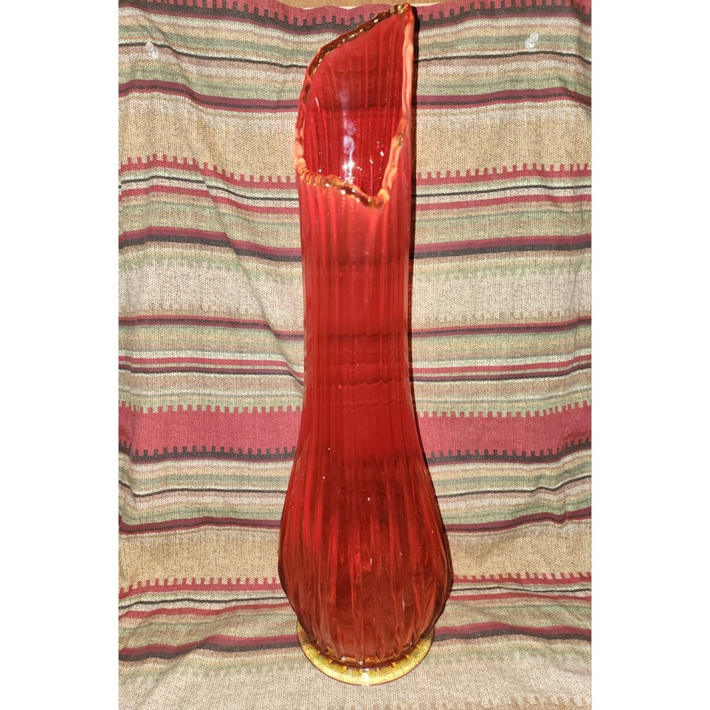 Vintage LE Smith Flame Simplicity Ribbed Glass Swung Floor Vase 21½ Tall UV Glow
